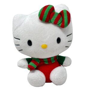 Ty Hello Kitty 2012 Christmas Red Green Stripe Bow Scarf Plush Beanie Toy 6 Inch